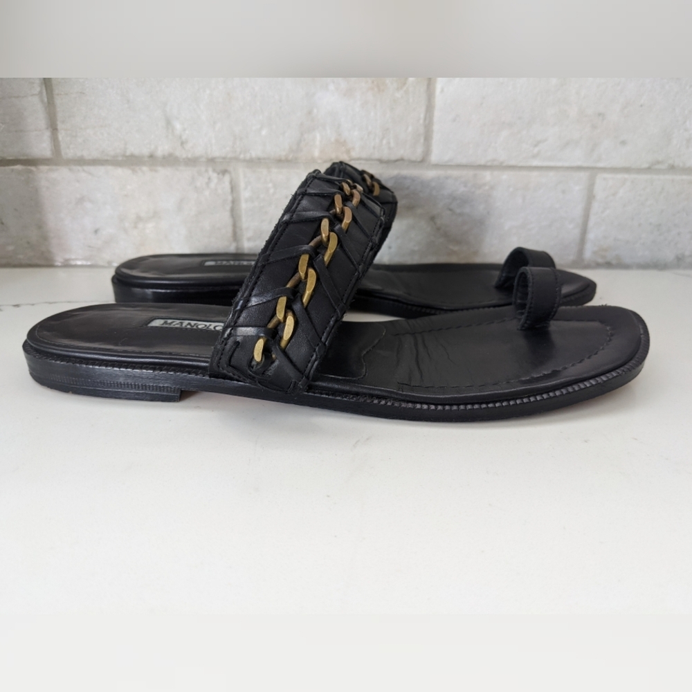 MANOLO BLAHNIK black leather brass chain flat sandals
